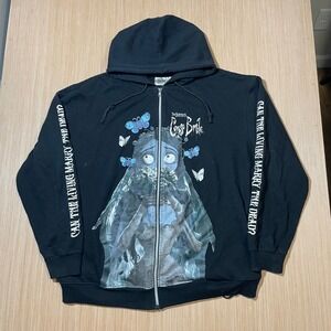 Corpse Bride Zip Up Hoodie Women XL Black Emily Graphic Gothic Script Sleeve
